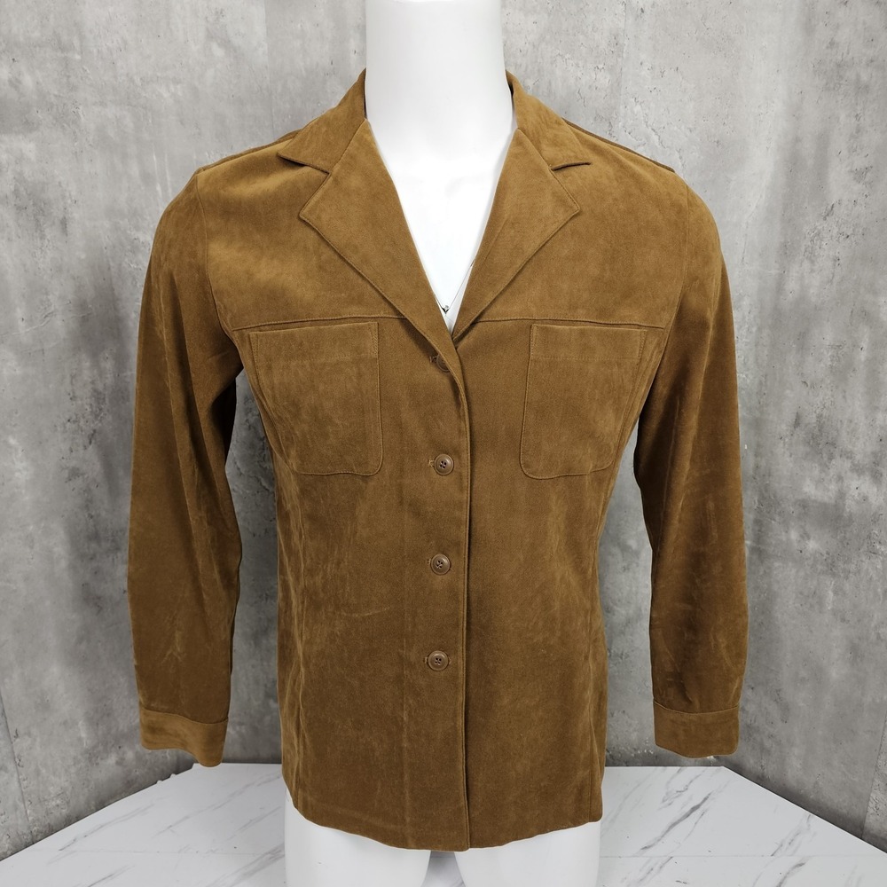 Vintage 90s Express Compaigne Itnl Mens L Tan Button Front Microfiber Shirt Coat